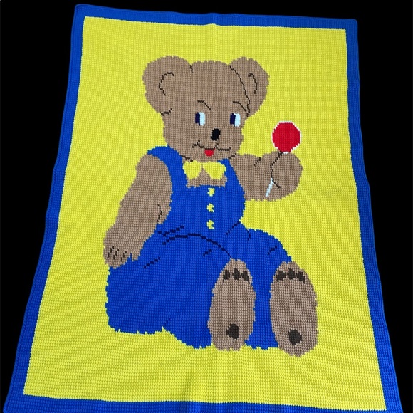 VTG Hand Knitted By Grandma Baby Afghan Blanket 45"x56" Bear Blue 1 Of a kind - Picture 4 of 10